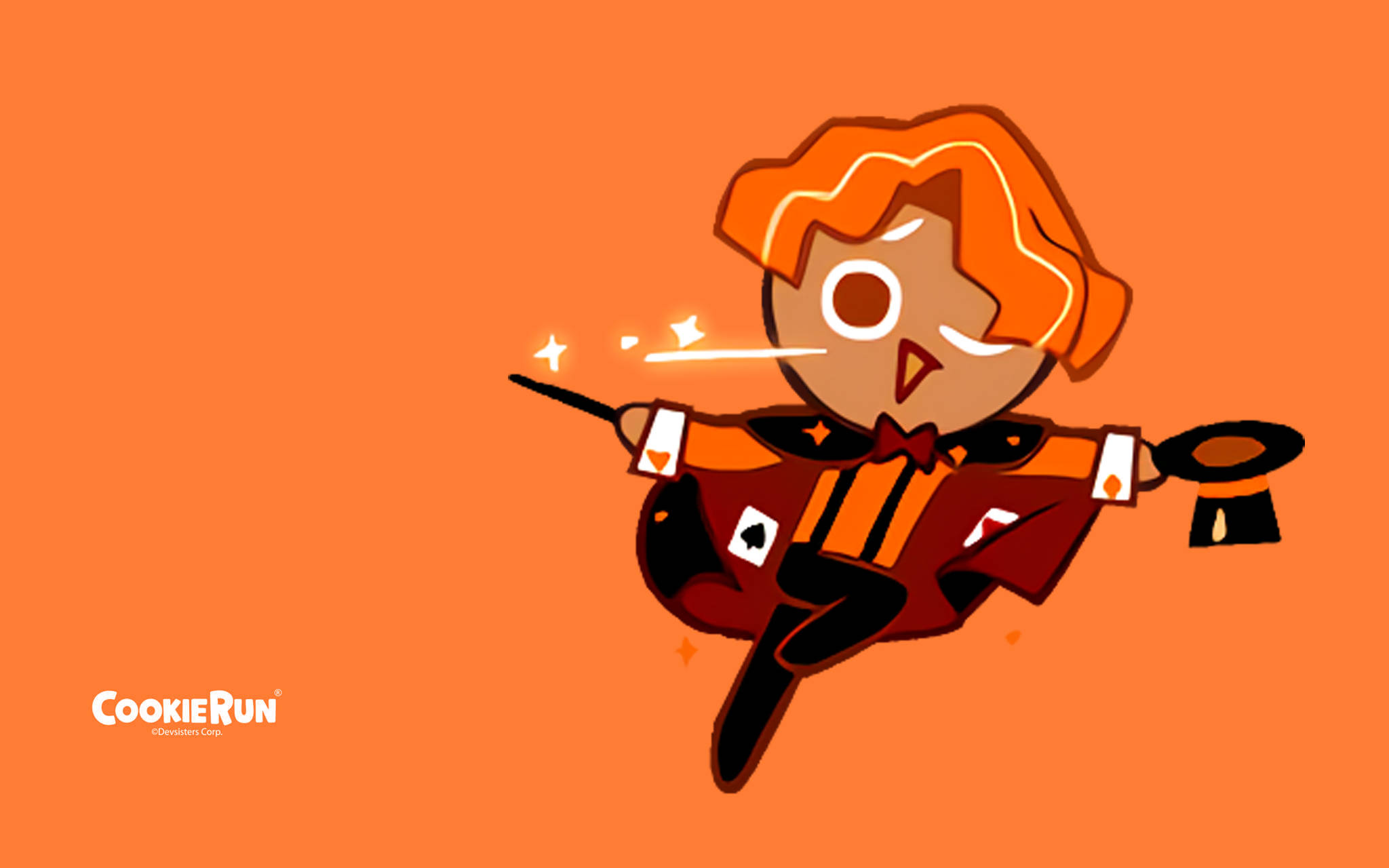 Cookie Run 桌布 壁紙 — 一個卡通餅乾巫師，身穿紅色斗篷和領結，在純橙色背景前用魔杖施展魔法咒語。
