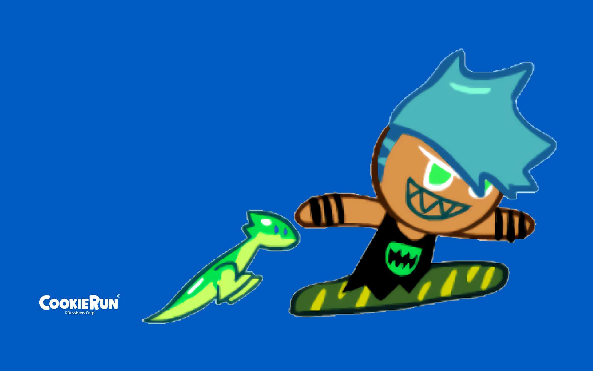 Cookie Run 桌布 壁紙 — 一個卡通餅乾角色，藍色頭髮和綠色眼睛，騎著一隻綠色恐龍，背景為純藍色。