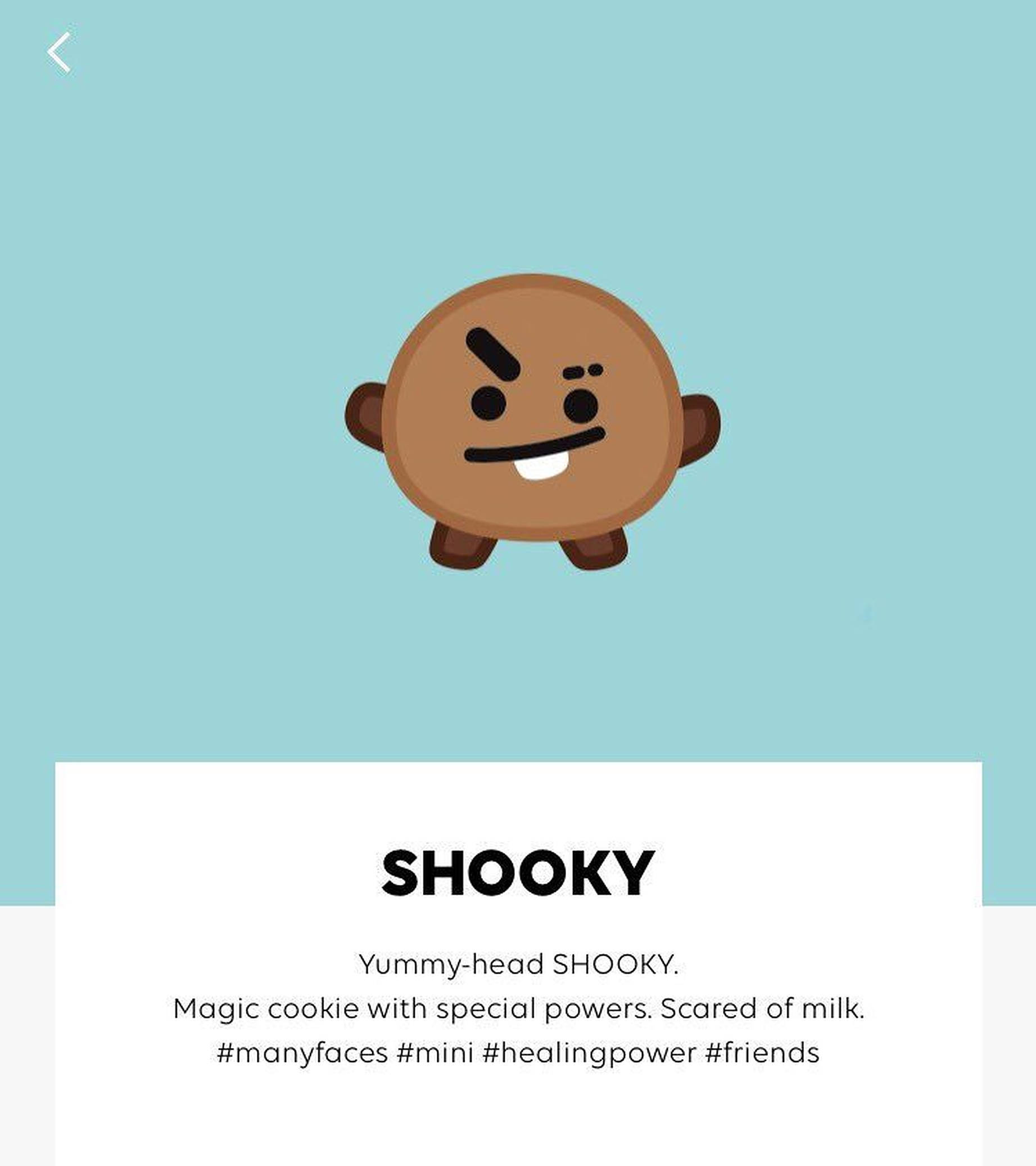 shooky bt21 桌布 壁紙 — 一個卡通餅乾角色帶著憤怒的表情漂浮在純青色背景上。