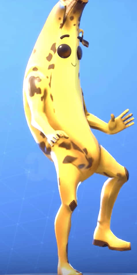 Fortnite Peely 桌布 壁紙 — 一個卡通香蕉角色，帶有棕色斑點和微笑，在藍色漸變背景上跳舞。