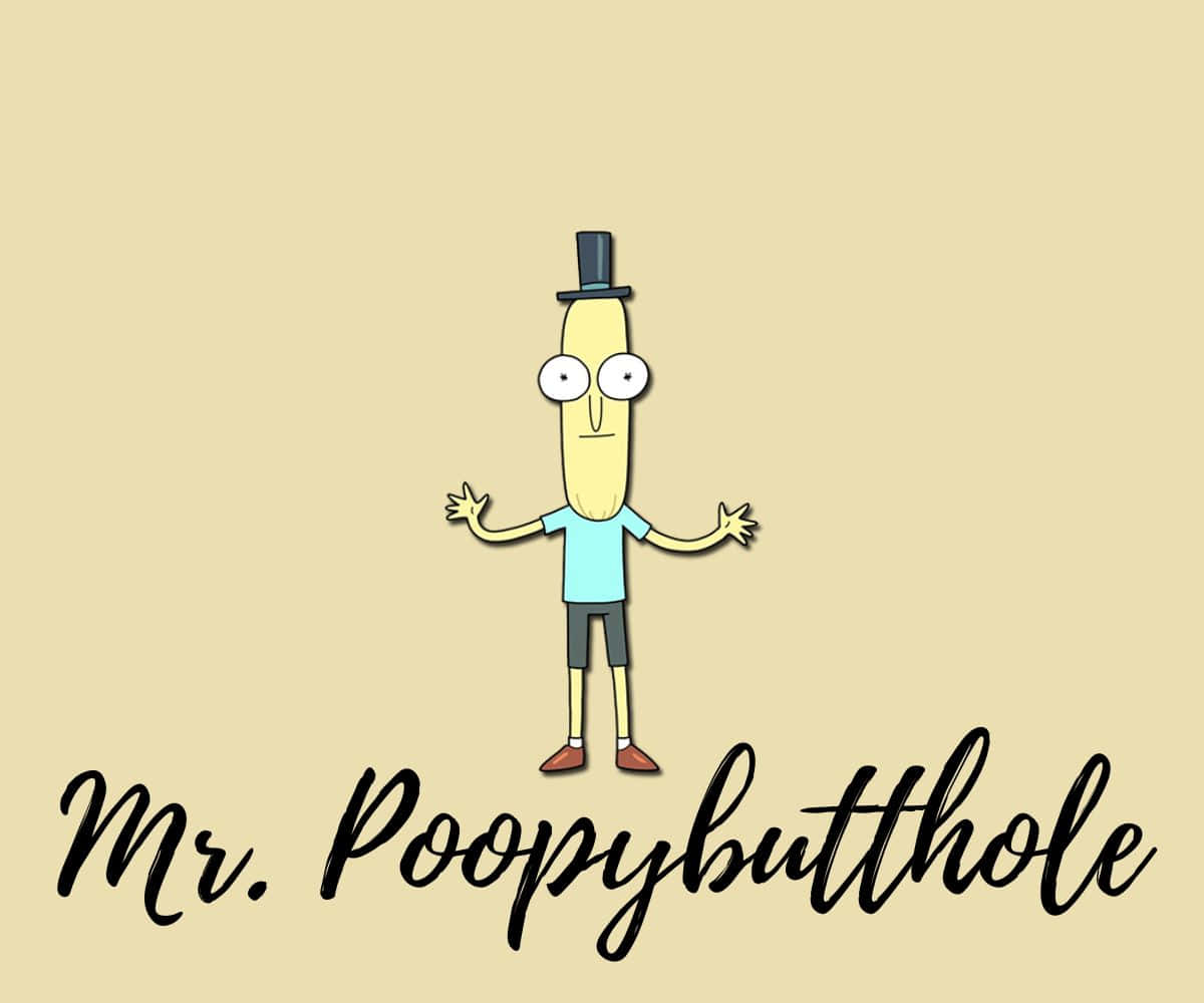 Mr Poopybutthole 桌布 壁紙 — 一個卡通香蕉角色，戴著高帽和藍色襯衫，在米色背景前張開雙臂站立。
