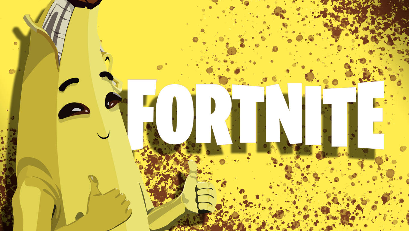 Fortnite 桌布 壁紙 — 一個卡通香蕉角色在黃色飛濺背景上，於 Fortnite 標誌旁邊豎起兩個大拇指。