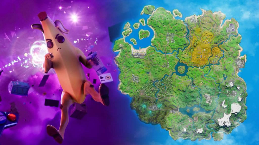 Fortnite Chapter 3 桌布 壁紙 — 一個卡通香蕉角色漂浮在紫色宇宙碎片中，旁邊是藍天下詳細的Fortnite島嶼地圖。