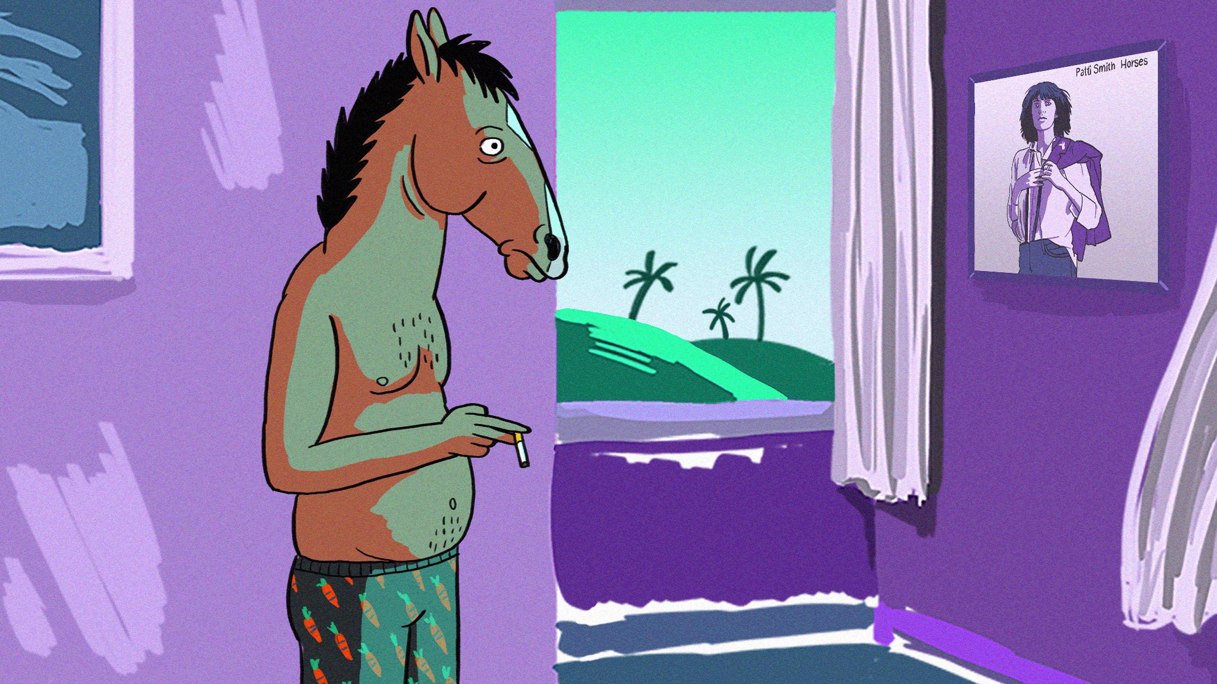 bojack 桌布 壁紙 — 一個卡通馬角色在一個紫色房間裡抽煙，房間有熱帶景觀和牆上一個裱框照片。