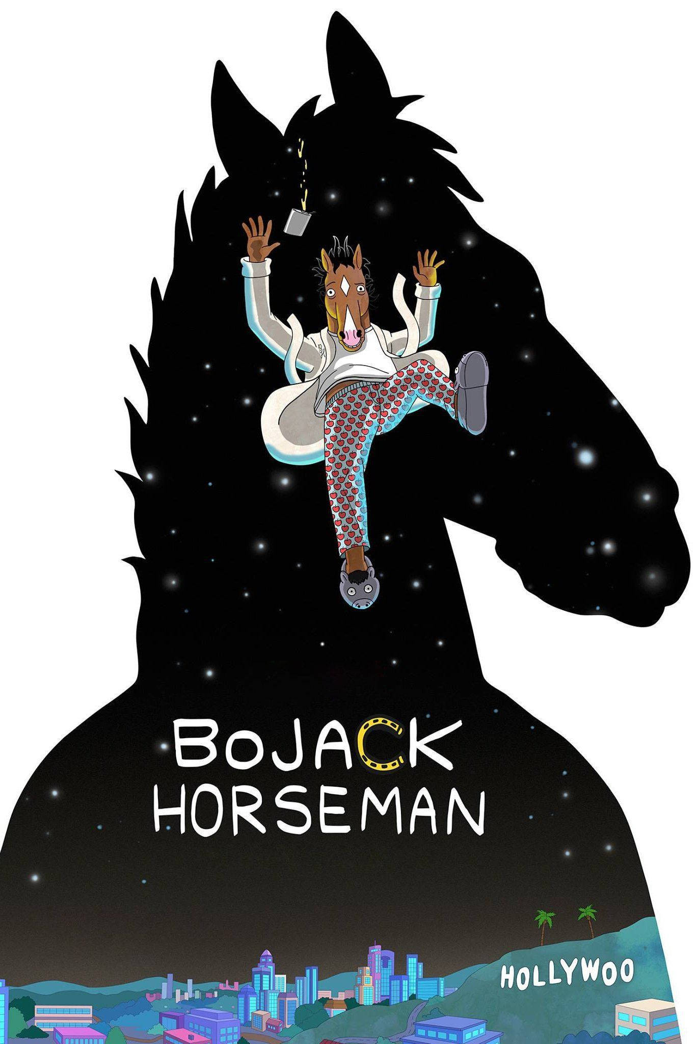 bojack 桌布 壁紙 — 一個卡通馬角色漂浮在太空中的一個巨大馬剪影內，上方是發光的好萊塢城市景觀。