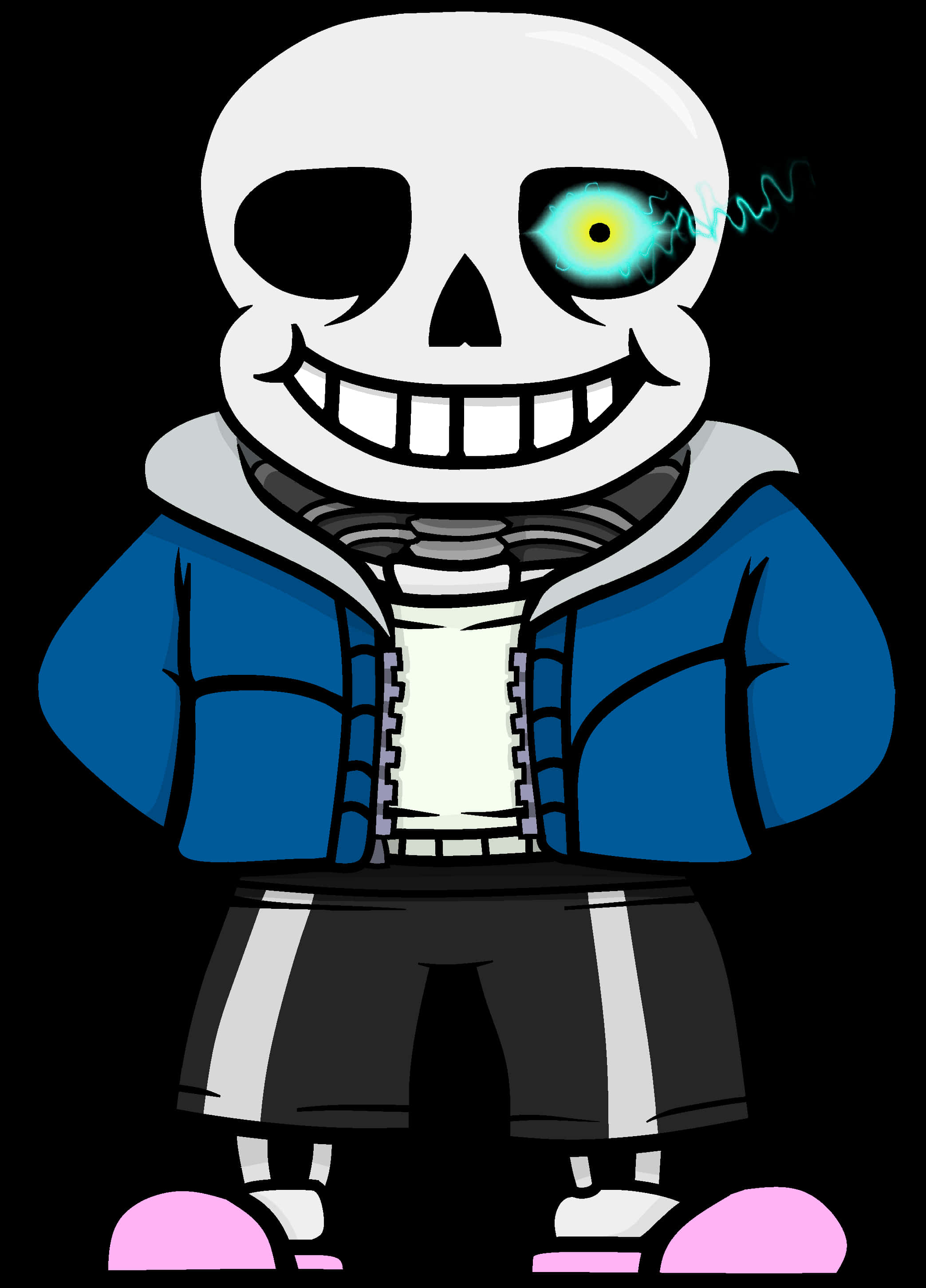 Undertale Sans 桌布 壁紙 — 一個卡通骷髏，有一隻發光的黃色眼睛和一個寬闊的笑容，穿著藍色連帽衫和黑色短褲，背景為黑色。