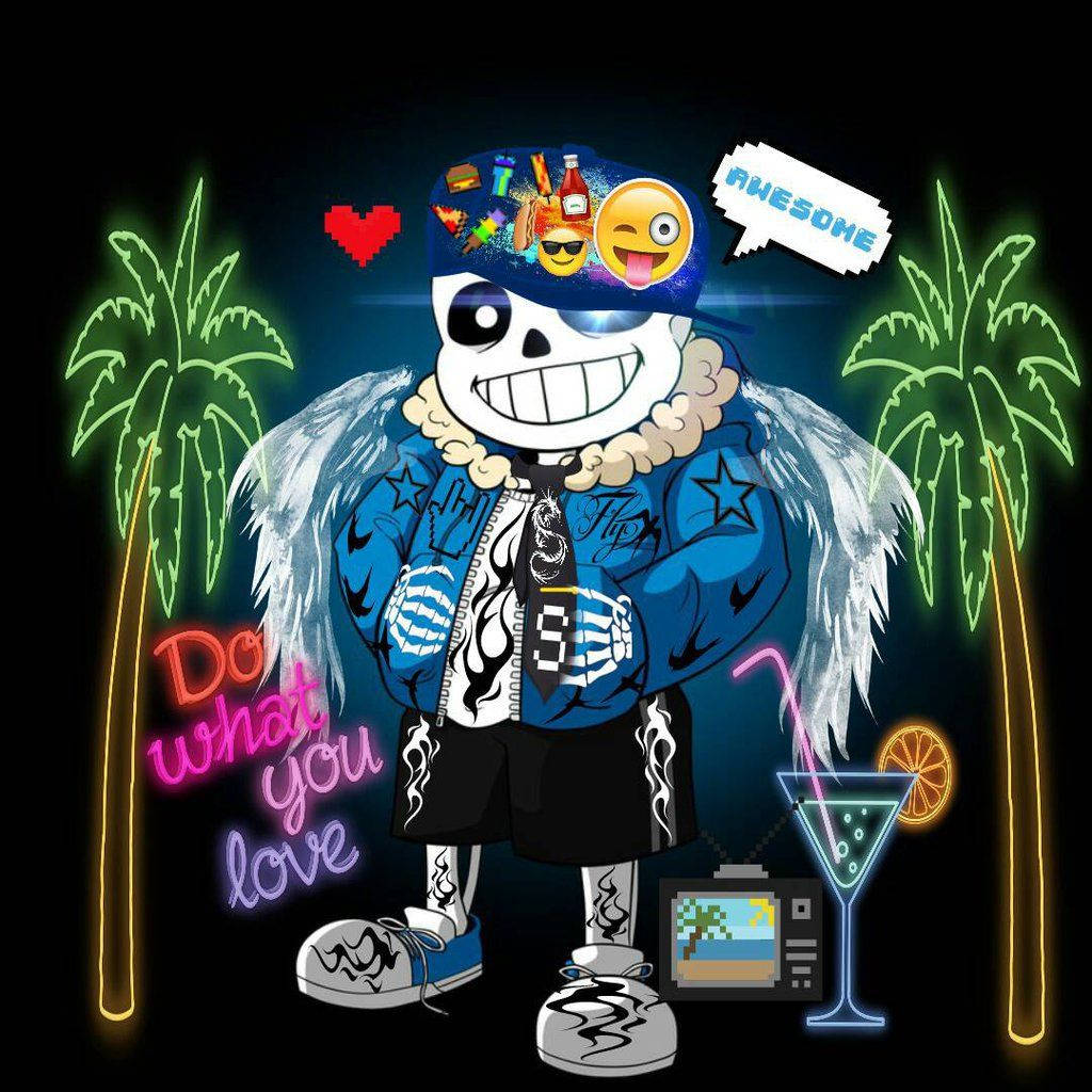 Undertale 桌布 壁紙 — 一個卡通骷髏，有天使翅膀和藍色帽子，站在霓虹燈照亮的熱帶場景中，有棕櫚樹和雞尾酒。