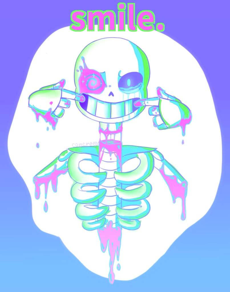 smiling 桌布 壁紙 — 一個卡通骷髏，眼睛發光，油漆滴落，微笑著手持兩把手槍，背景是紫色和藍色的漸變色。