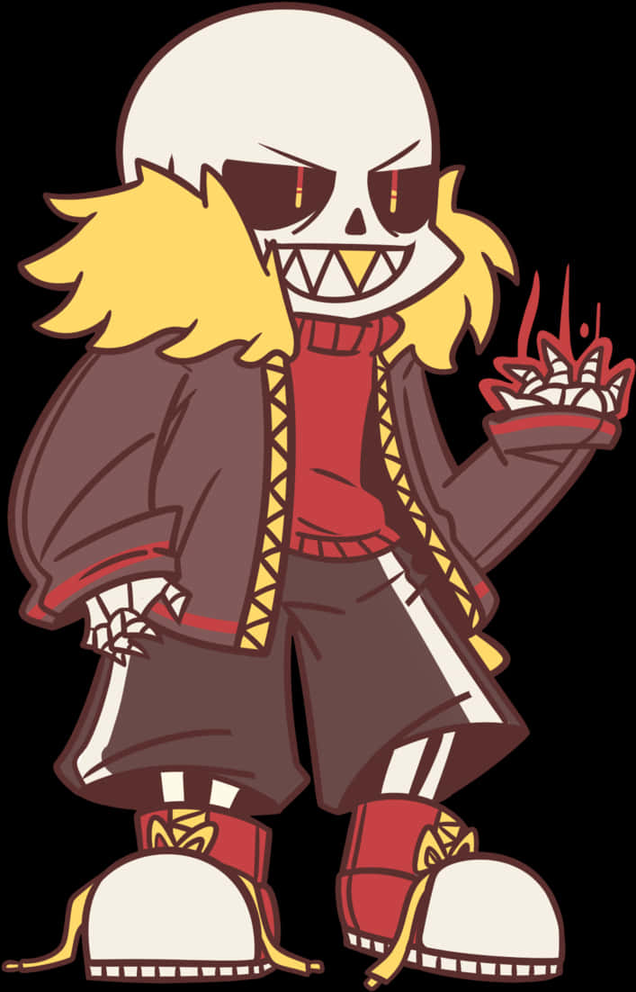 Undertale 桌布 壁紙 — 一個卡通骷髏，黃色頭髮，紅色眼睛，穿著棕色外套，手持帶刺護手，背景為黑色。