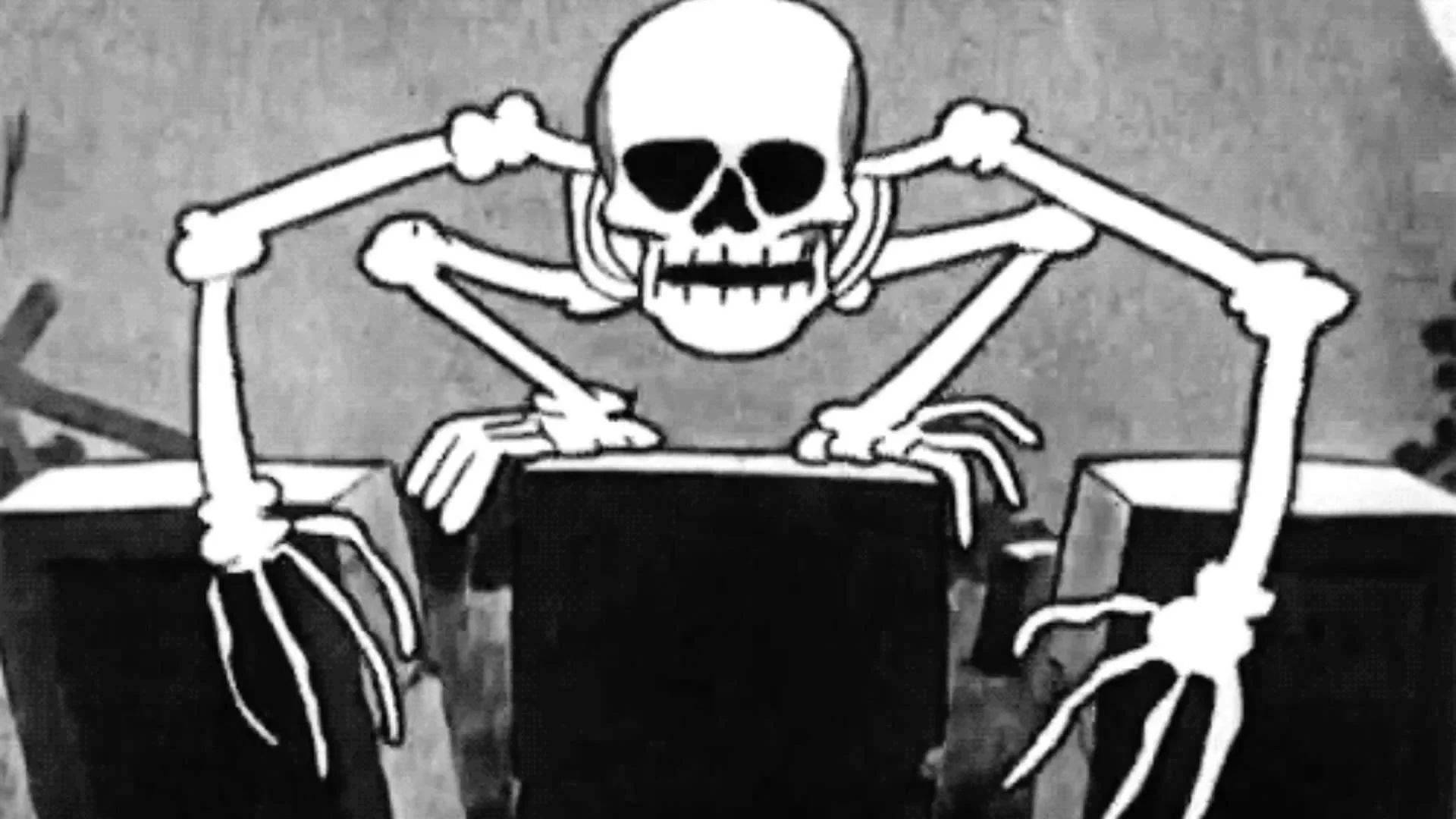 Skeleton Meme 桌布 壁紙 — 一個卡通骷髏交叉雙臂，倚靠著墓碑，呈現清晰的黑白插圖。