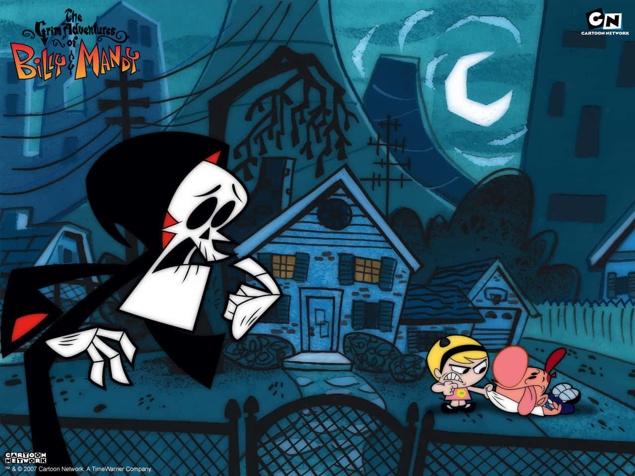 the grim adventures of billy and mandy 桌布 壁紙 — 一個卡通骷髏在彎月下籠罩著兩個孩子，位於一個陰森藍調的郊區社區。