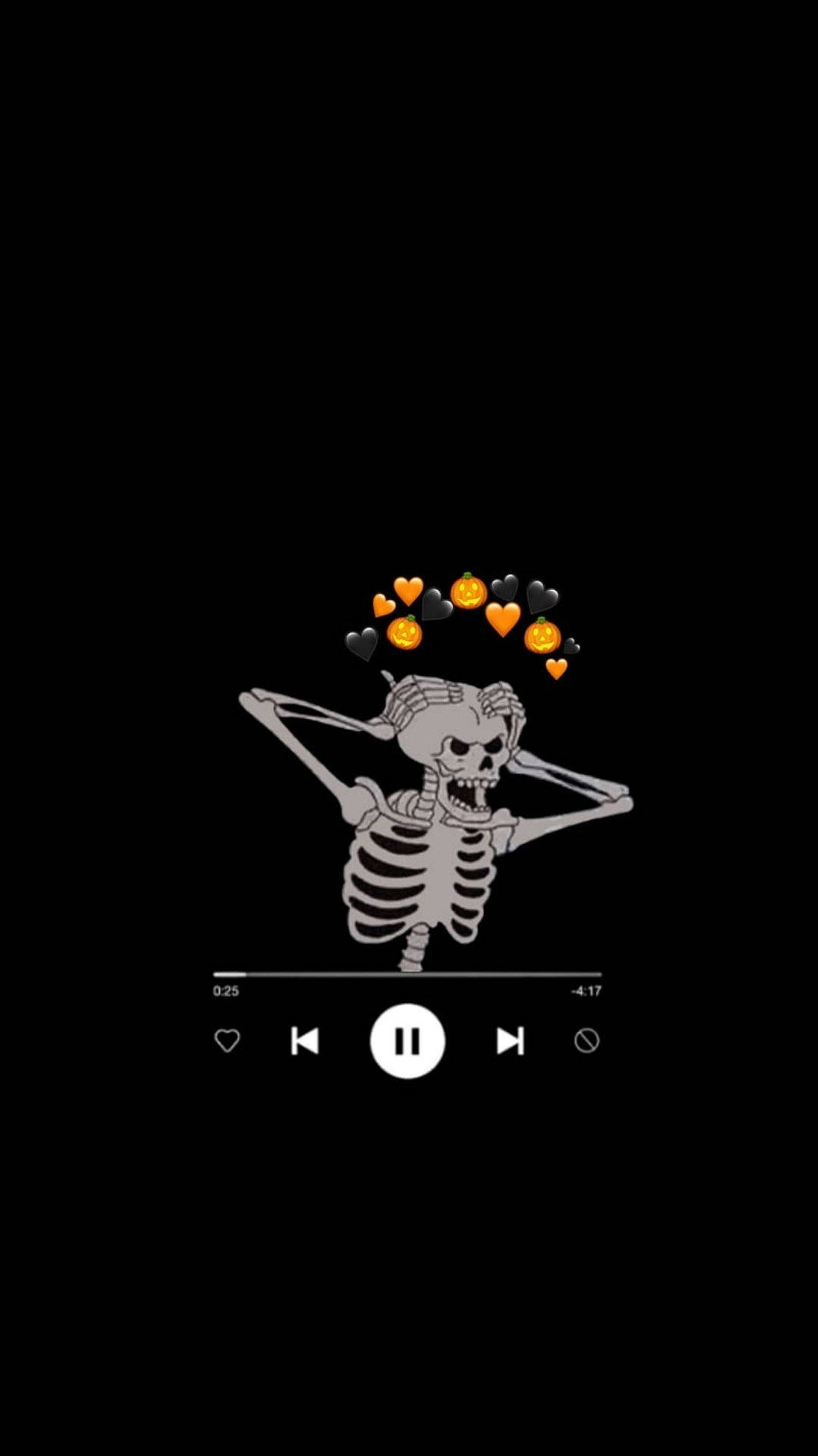 Skeleton Meme 桌布 壁紙 — 一個卡通骷髏在裝飾著漂浮萬聖節表情符號的黑色背景前舉起手臂跳舞。