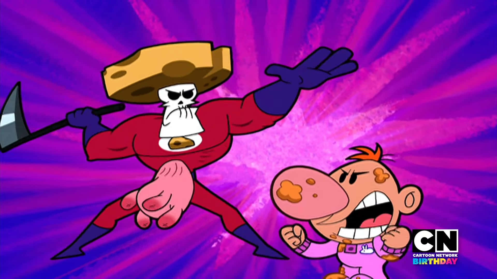 the grim adventures of billy and mandy 桌布 壁紙 — 一個卡通骷髏戰士戴著起司帽和斧頭，在充滿活力的紫色放射狀背景前對峙一個驚恐的粉紅色小孩。