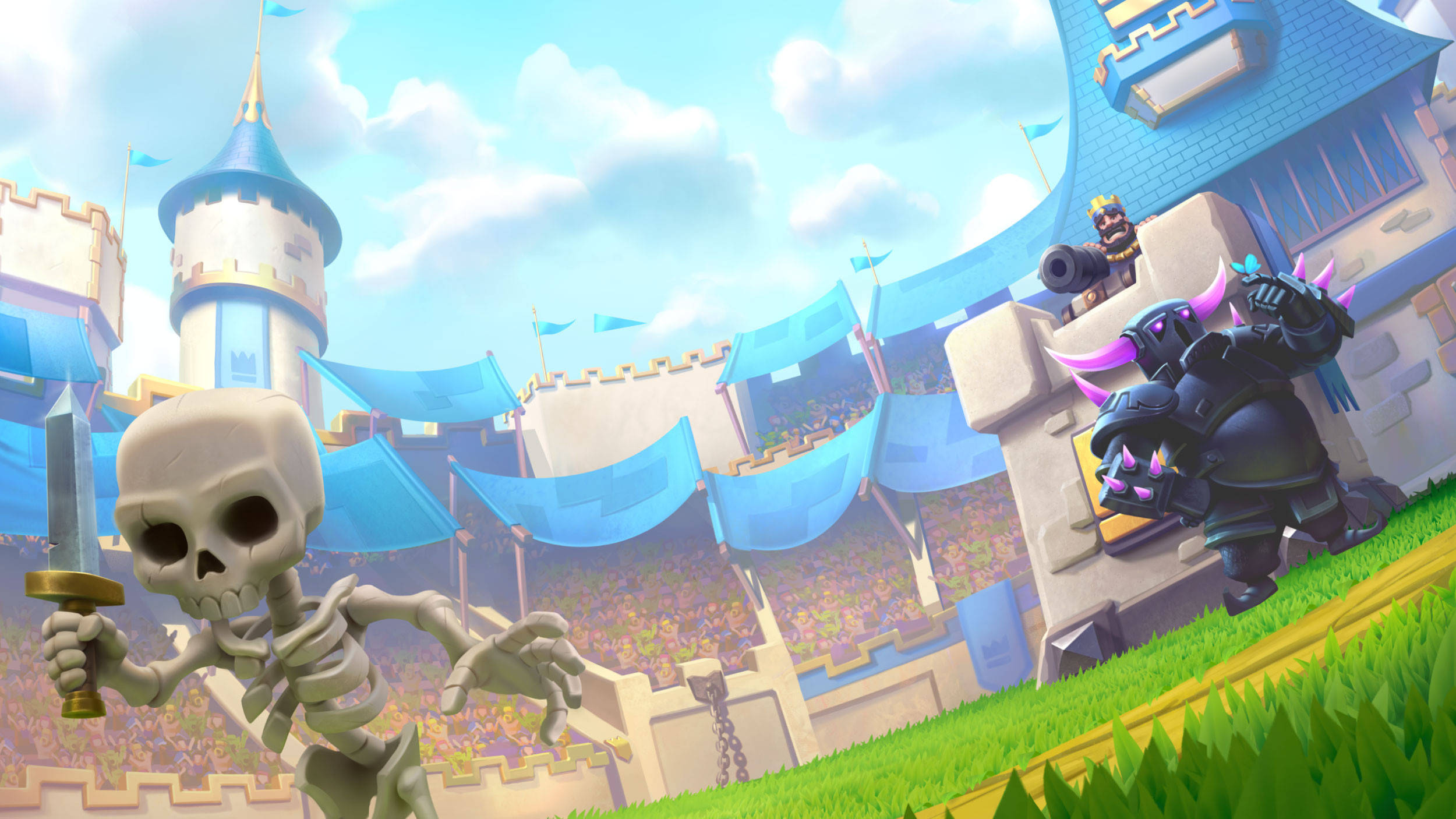 clash royale phone 桌布 壁紙 — 一個卡通骷髏戰士手持劍，站在一座有藍色旗幟和一個身穿暗色盔甲的騎士在城牆上的城堡前。