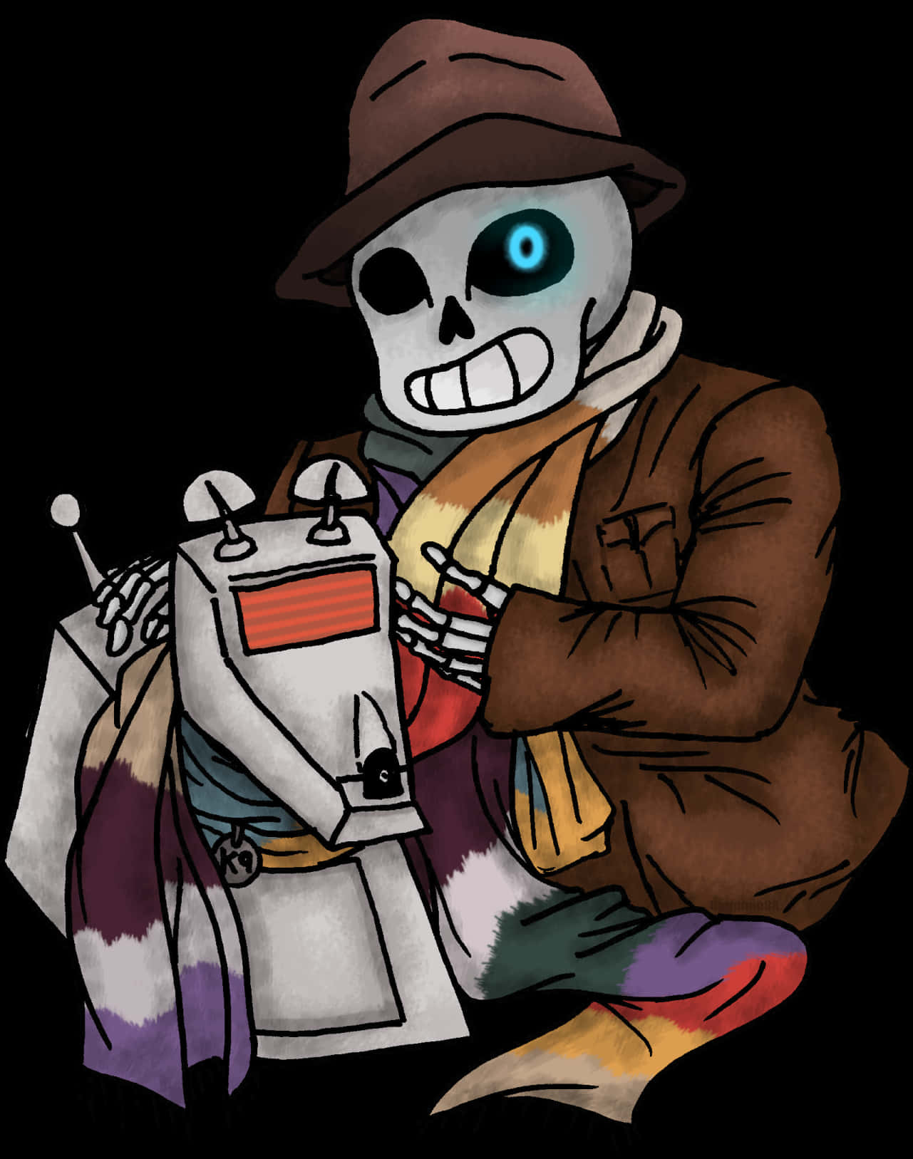 Undertale 桌布 壁紙 — 一個卡通骷髏穿著棕色軟呢帽和外套，在黑色背景下抱著一個有藍色發光眼睛的機器人。