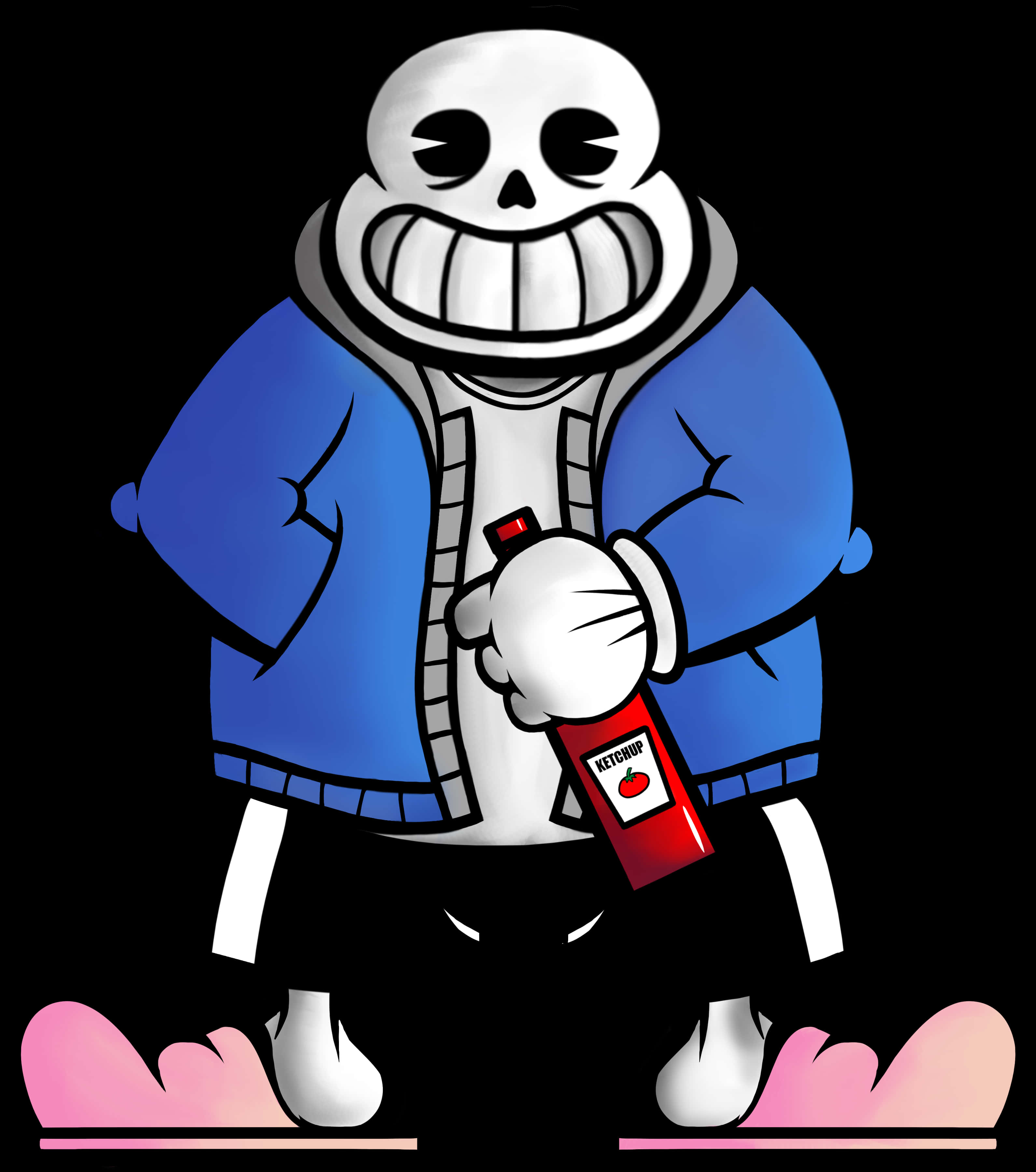Undertale 桌布 壁紙 — 一個卡通骷髏穿著藍色外套，在黑色背景上拿著番茄醬瓶，帶有粉紅色腳印。