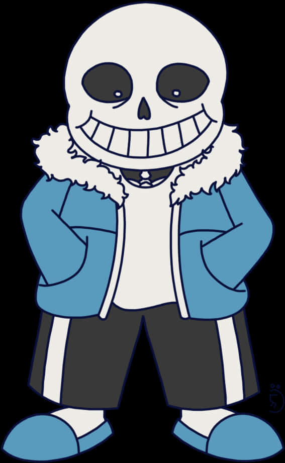Undertale Sans 桌布 壁紙 — 一個卡通骷髏角色，咧嘴大笑，穿著藍色外套，白色毛領，深色短褲，背景為黑色。