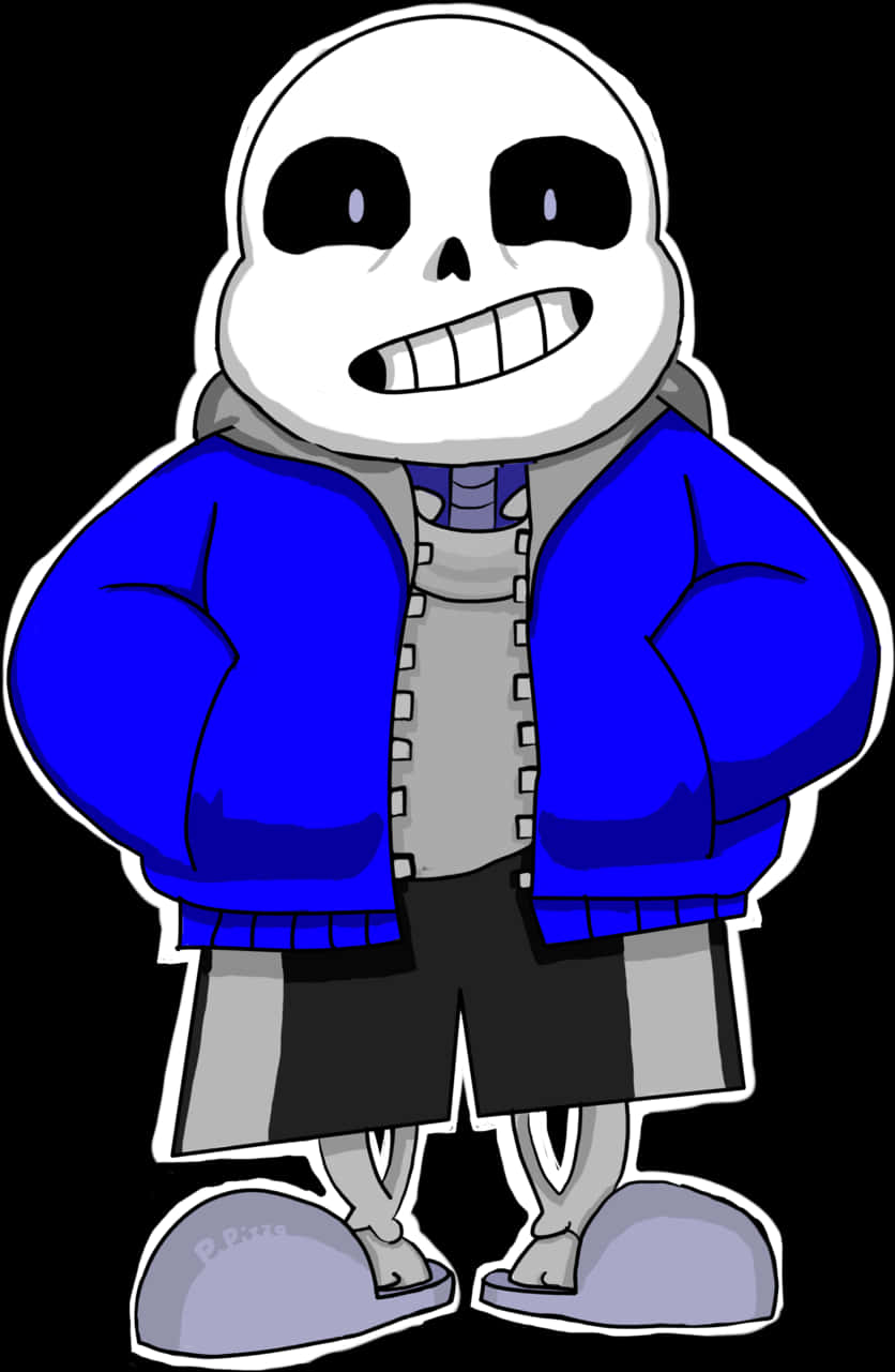 Undertale 桌布 壁紙 — 一個卡通骷髏角色，咧嘴大笑，身穿藍色外套和灰色短褲，背景為黑色。