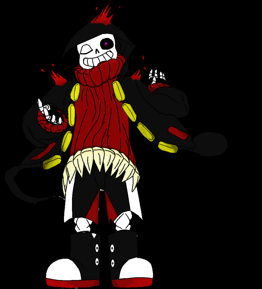 Undertale Sans 桌布 壁紙 — 一個卡通骷髏角色，戴著紅色圍巾，火焰般的頭髮，站在黑色背景前。