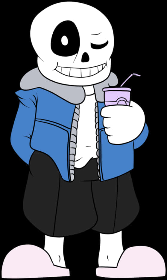 Undertale Sans 桌布 壁紙 — 一個卡通骷髏角色穿著藍色外套，在黑色背景前拿著紫色飲料並眨眼。