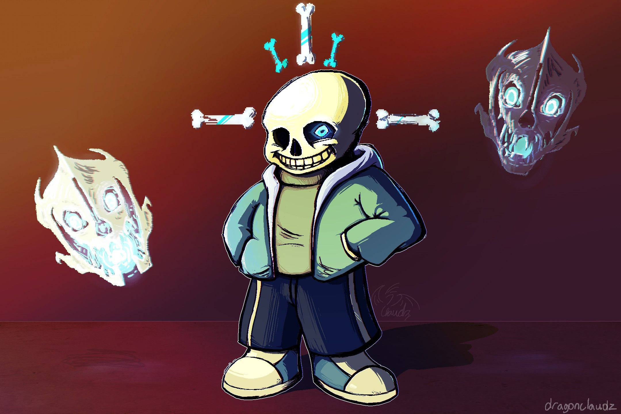 Undertale 桌布 壁紙 — 一個卡通骷髏角色穿著連帽衫，自信地站立，周圍有漂浮的骨頭和發光的頭骨，背景是漸變紅色。