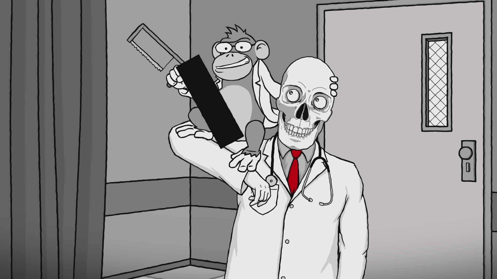 Animated 桌布 壁紙 — 一個卡通骷髏醫生穿著白袍，在一個冷清的灰色走廊裡抱住一隻拿著鋸子的猴子。