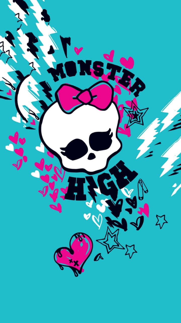 Monster High 桌布 壁紙 — 一個卡通骷髏頭，帶有粉紅色蝴蝶結和睫毛，被心形和閃電包圍，背景為青綠色。