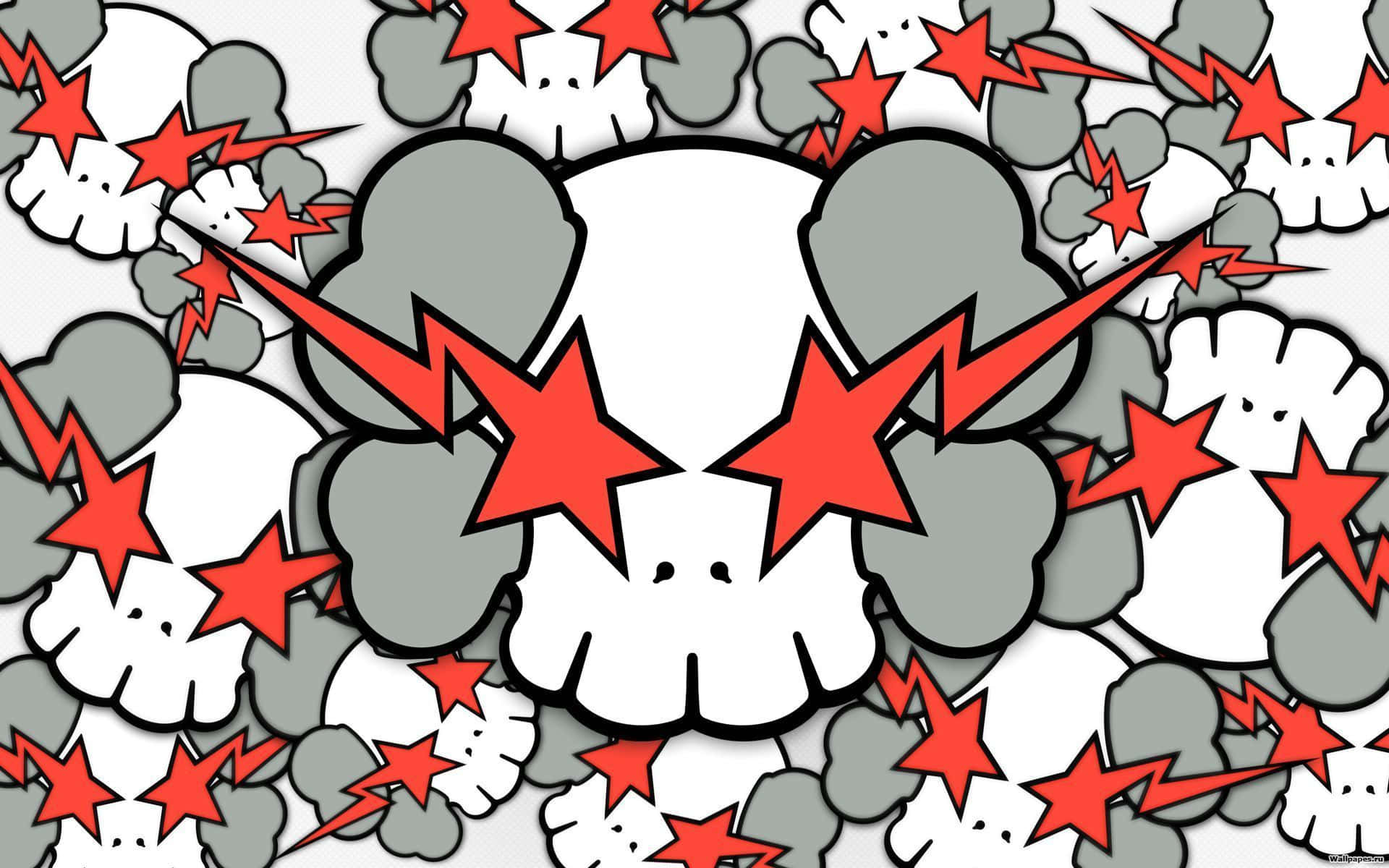 Kaws Artwork 桌布 壁紙 — 一個卡通骷髏頭，帶有紅色星星眼睛和閃電，被灰色煙霧雲環繞在白色背景上。