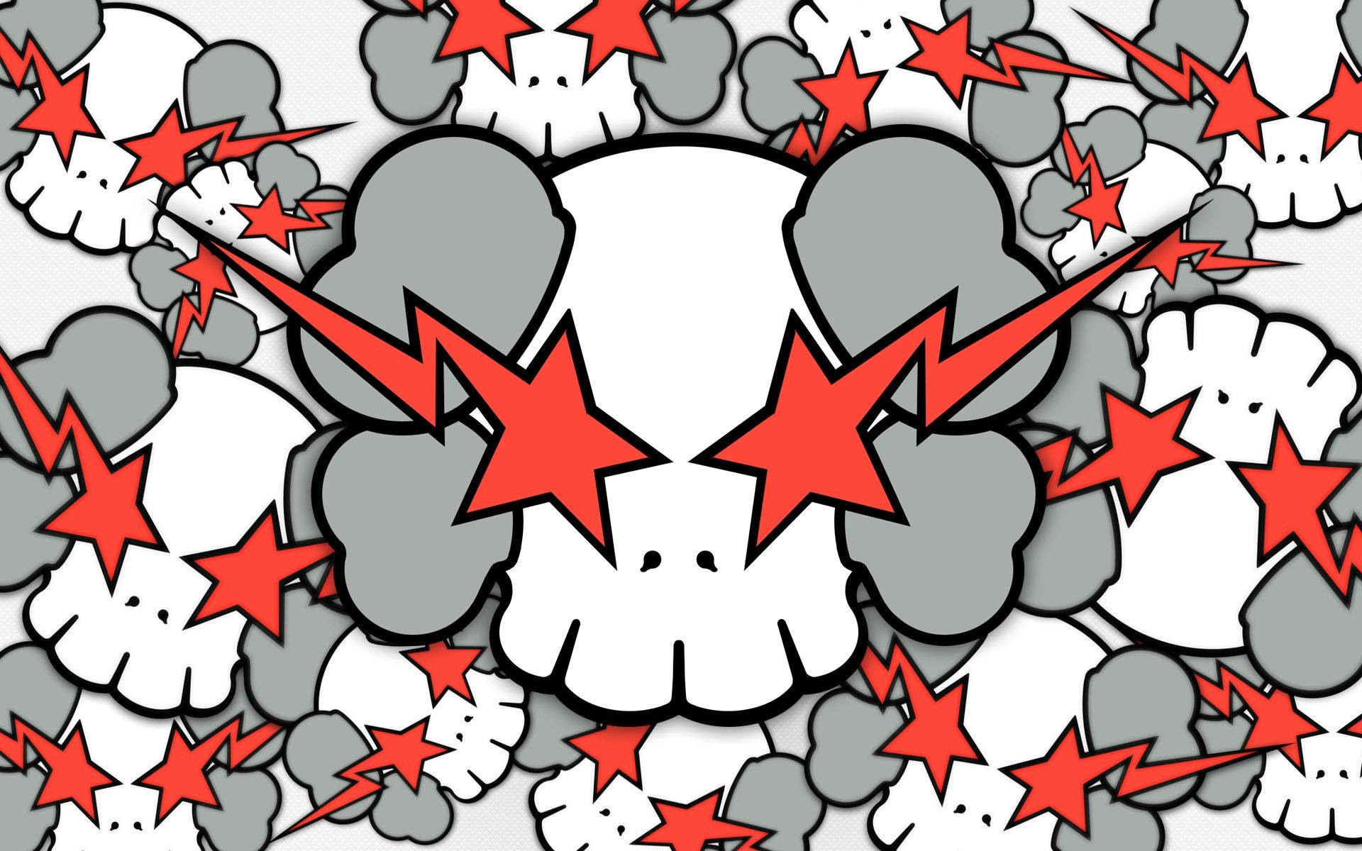KAWS 桌布 壁紙 — 一個卡通骷髏頭，紅色星星和閃電從其眼睛中迸發，處於灰色和白色骷髏頭的混亂圖案中。