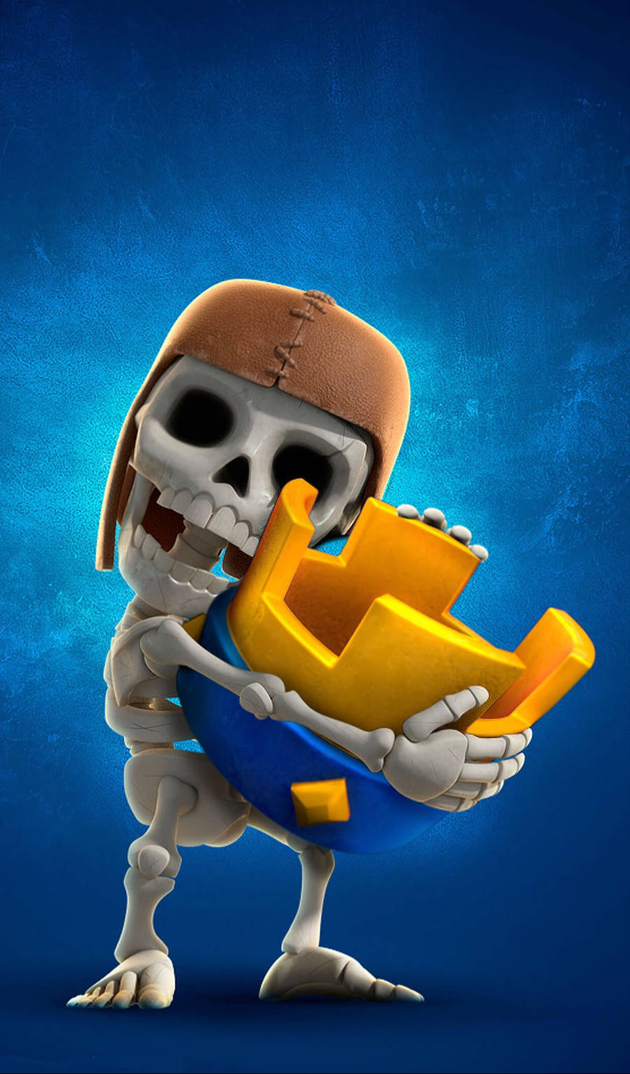 Clash Royale 桌布 壁紙 — 一個卡通骷髏頭戴棕色皮頭盔，在紋理藍色背景上專注地拿著一個藍黃色的足球。