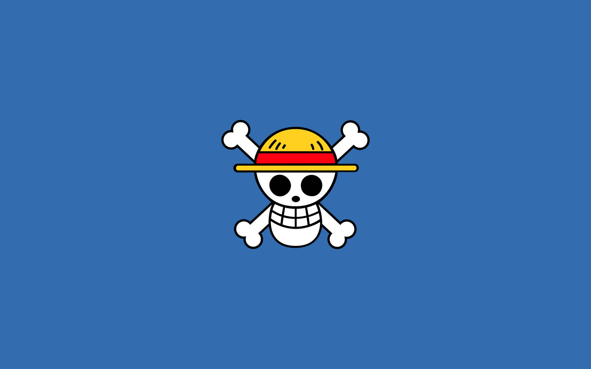 One Piece Logo 桌布 壁紙 — 一個卡通骷髏頭戴著黃色帽子，上有紅色帶，背後交叉著白色骨頭，置於純藍色背景上。