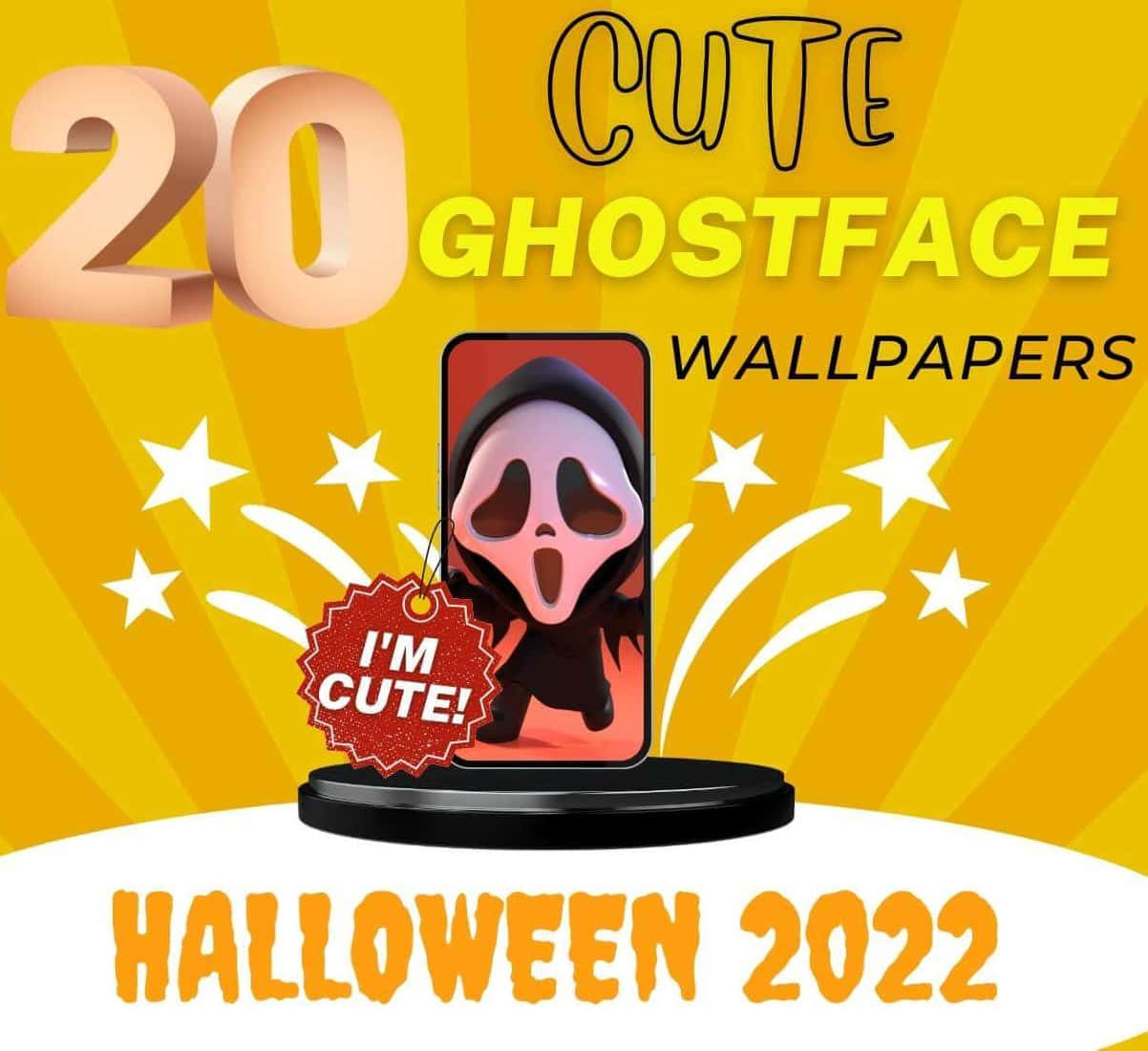 Cute Ghost 桌布 壁紙 — 一個卡通鬼臉角色從電話中彈出，背景是明亮的黃色星爆，並帶有萬聖節2022文字。