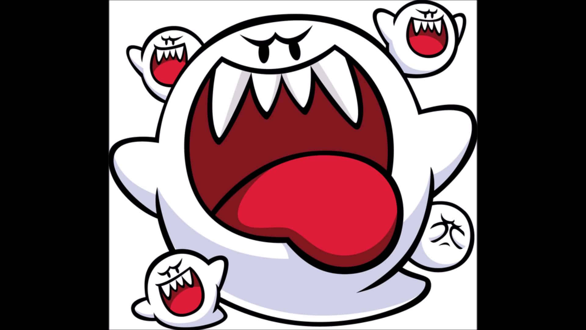 King Boo 桌布 壁紙 — 一個卡通鬼魂，張開巨大的嘴巴，露出尖銳的牙齒，周圍環繞著較小的尖叫鬼魂。