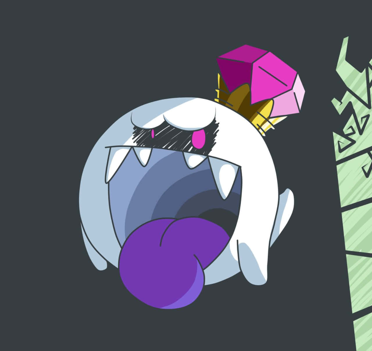 King Boo 桌布 壁紙 — 一個卡通鬼魂，有紫色舌頭和粉紅色寶石皇冠，在黑暗背景上大大地打呵欠。