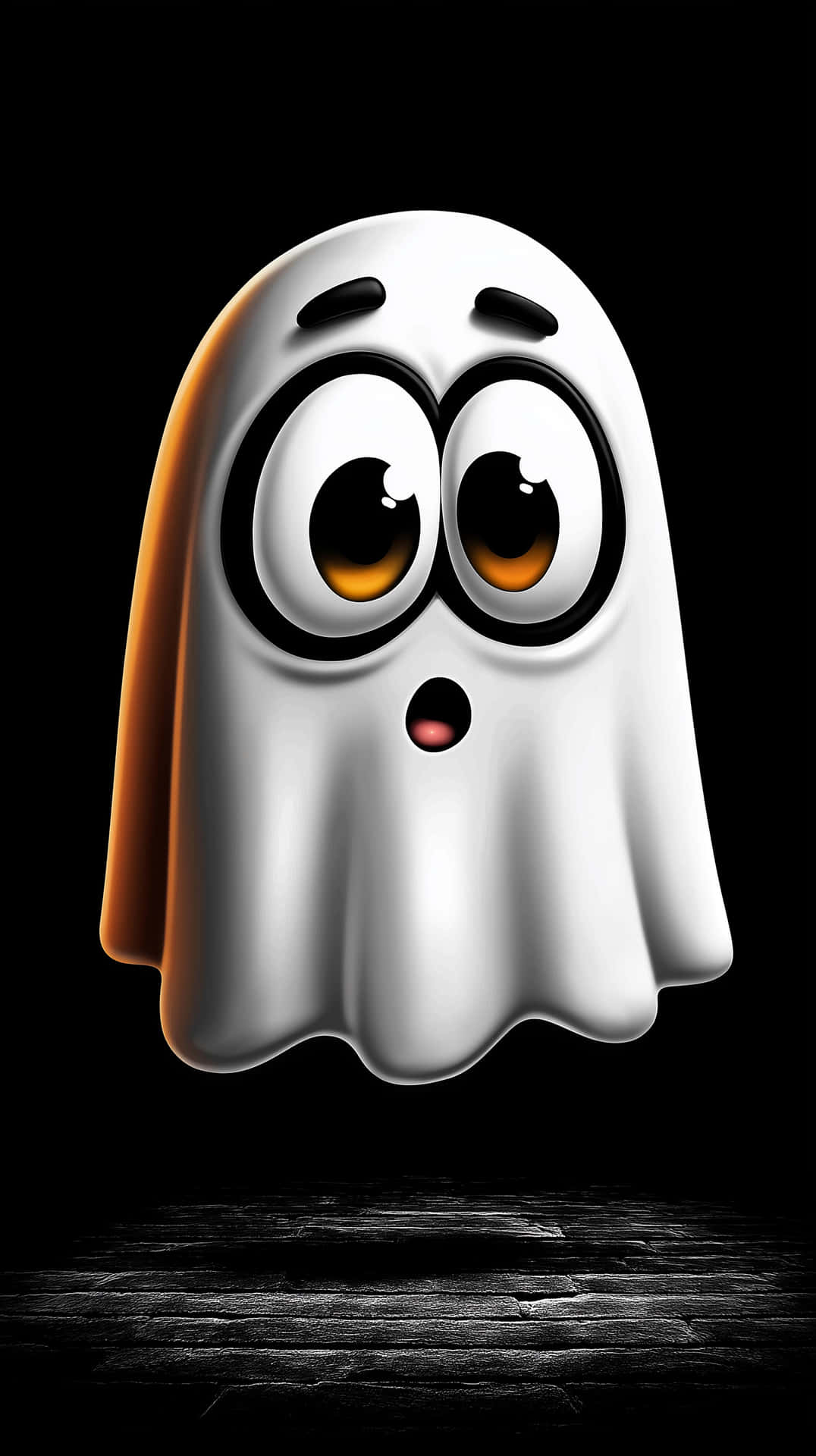 Cute 3D Ghost 壁紙 — 一個卡通鬼魂，有著大大的琥珀色眼睛和驚訝的表情，漂浮在黑色背景下的深色木地板上。