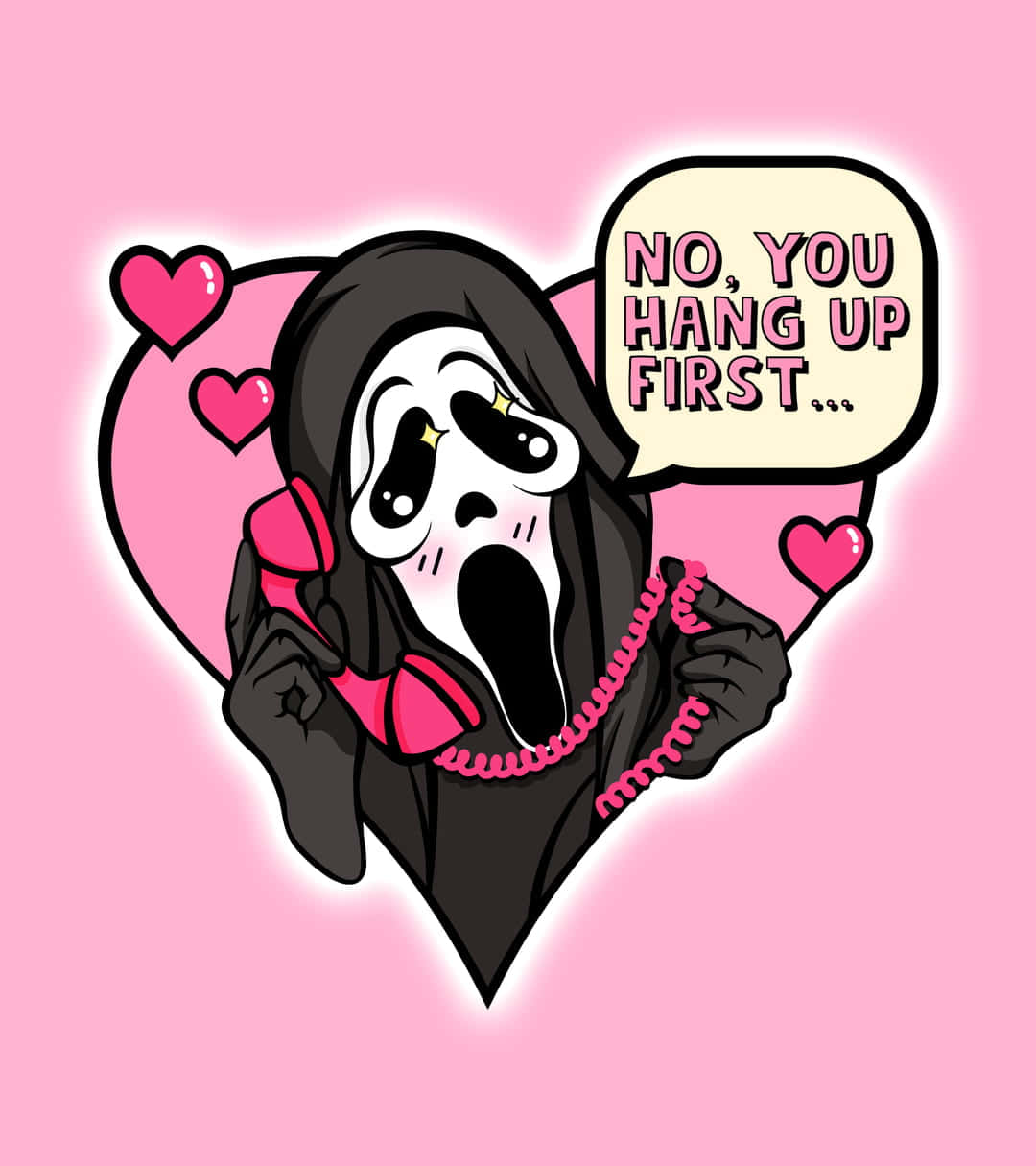 Ghostface Aesthetic 桌布 壁紙 — 一個卡通鬼魂，臉上帶著尖叫的表情，拿著粉紅色電話，背景是心形粉紅色，有漂浮的心形。