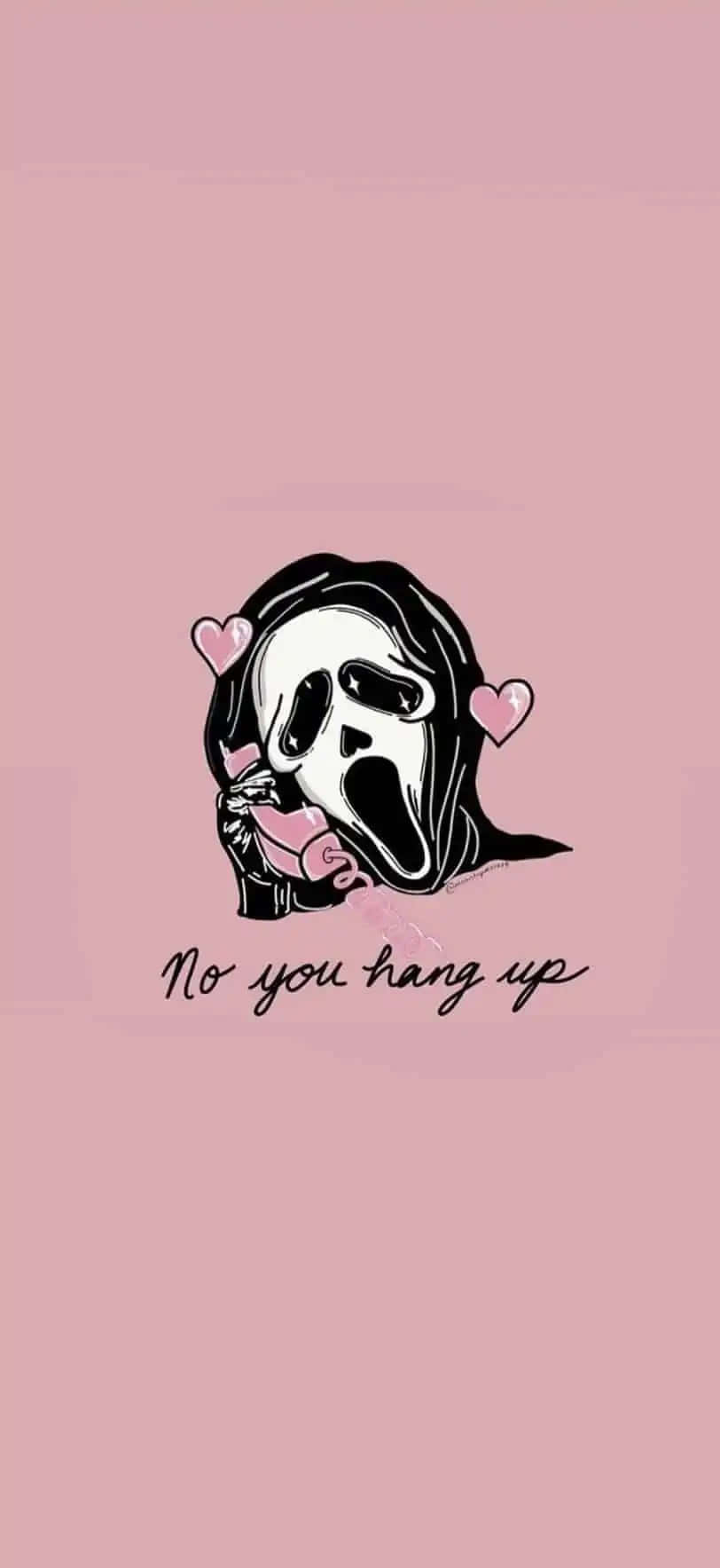 Pink Halloween 桌布 壁紙 — 一個卡通鬼魂尖叫著，手持電話，周圍是粉紅色的心形，背景是柔和的粉紅色。