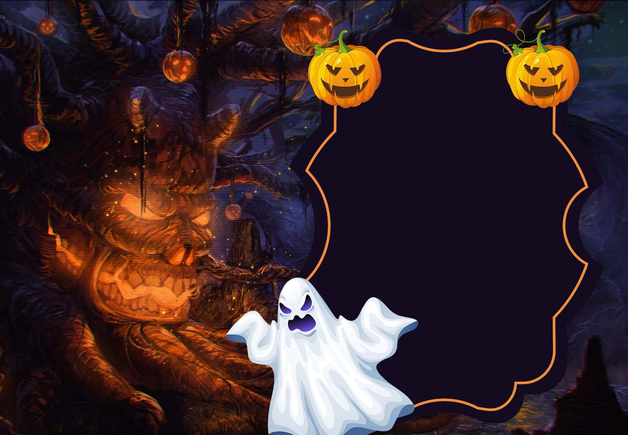Aesthetic Creepy Halloween 桌布 壁紙 — 一個卡通鬼魂漂浮在一個陰森的樹附近，樹上掛著發光的南瓜燈，背景是黑暗的夜空。