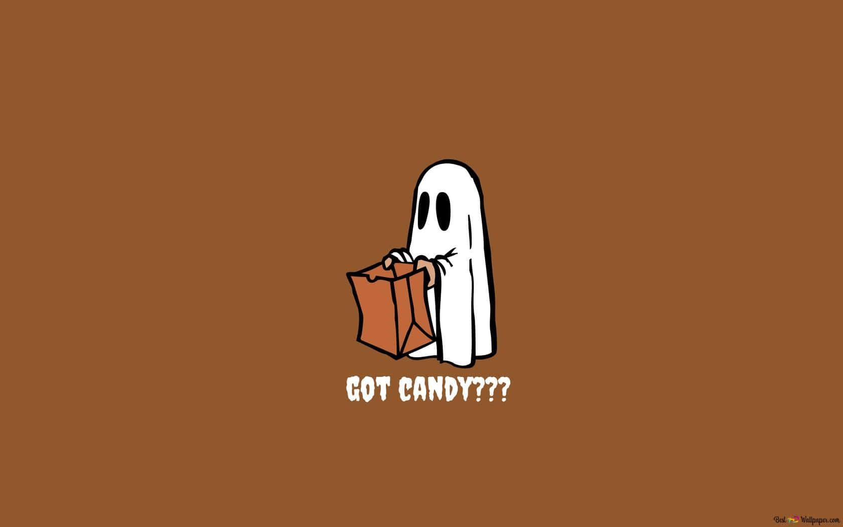 Boo And Stuff 桌布 壁紙 — 一個卡通鬼魂穿著白色床單，拿著一個橙色袋子，在純棕色背景上問「GOT CANDY???」。