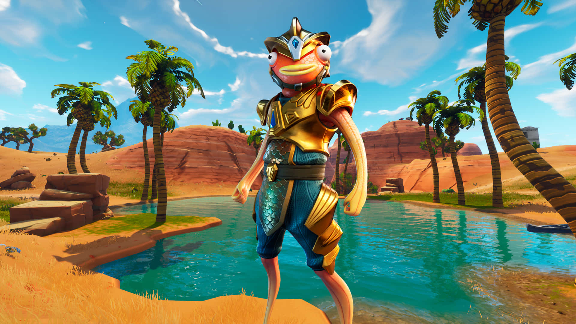 Fortnite 造型 桌布 壁紙 — 一個卡通魚角色穿著金色盔甲，站在一個被棕櫚樹和紅色岩石形成的碧藍色泳池旁邊，天空明亮湛藍。