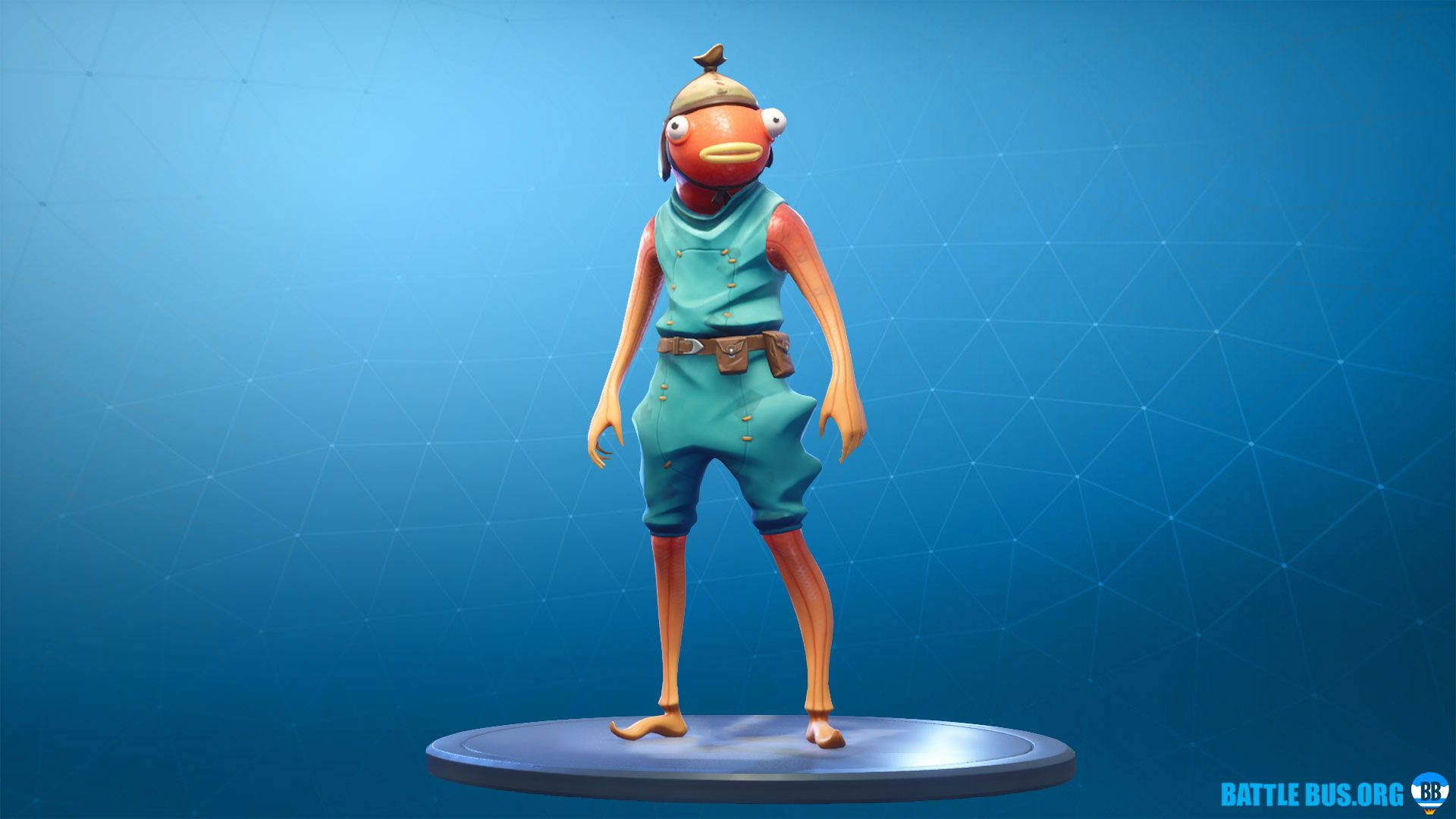 Fishstick 桌布 壁紙 — 一個卡通魚頭角色穿著青綠色服裝，站在一個底座上，背景是藍色幾何漸變。