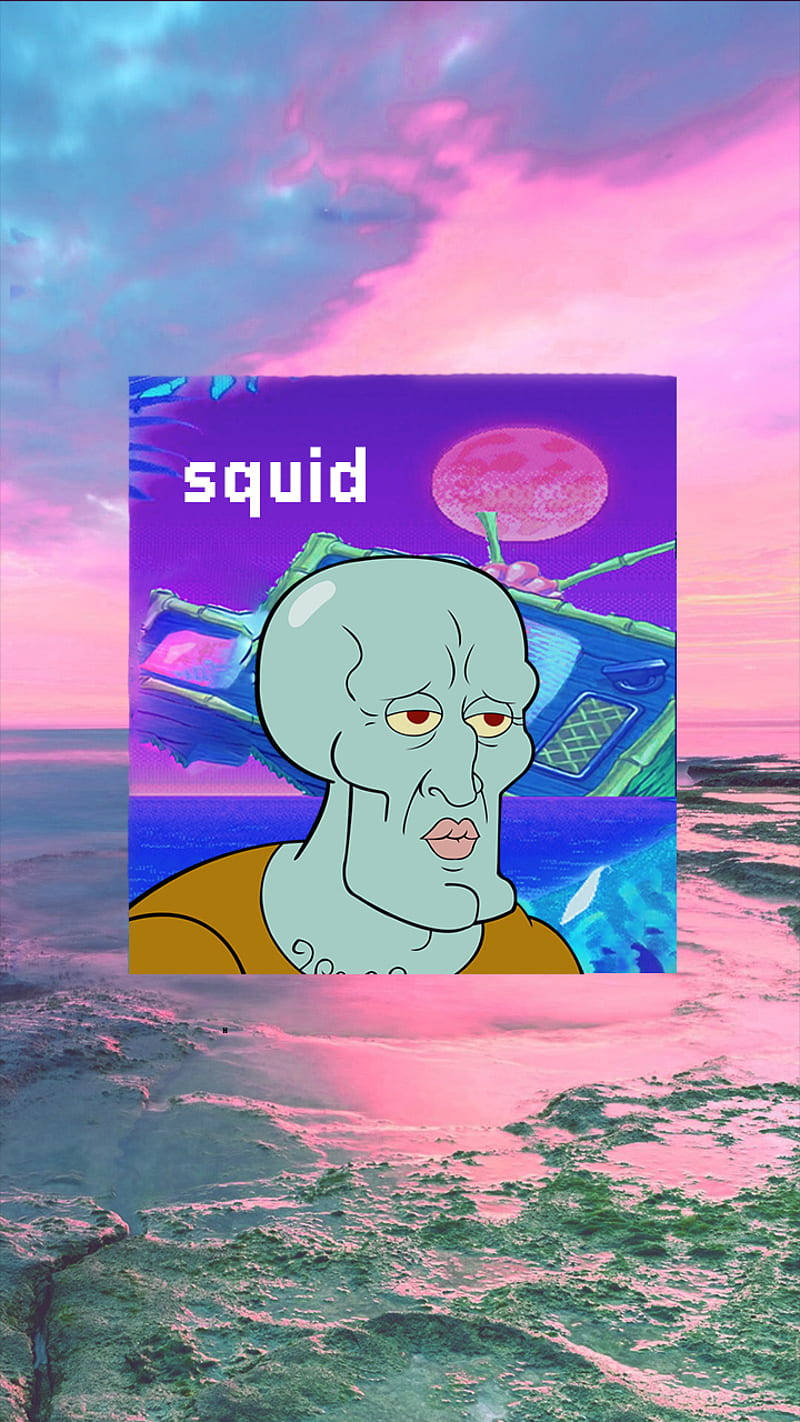 Tentacles 桌布 壁紙 — 一個卡通魷魚角色帶著疲憊的表情漂浮在超現實的海洋中，天空是粉紅和紫色的日落。