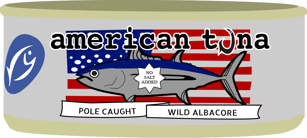 魚 桌布 壁紙 — 一個卡通鮪魚罐頭，標有「American Tuna」，魚在美國國旗背景上。