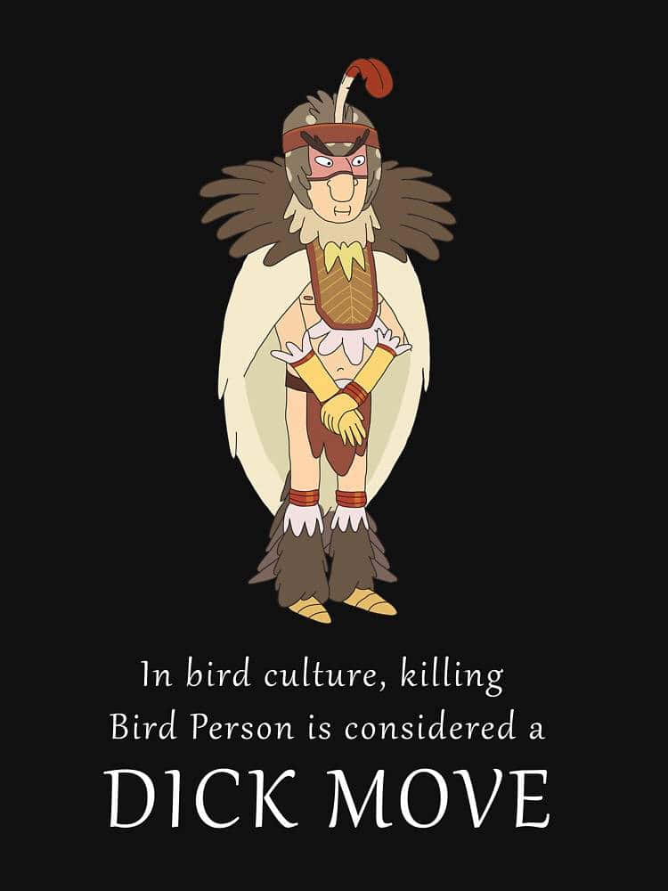 Birdperson 桌布 壁紙 — 一個卡通鳥人，有羽毛翅膀和頭飾，站在黑色背景前，下方有文字。