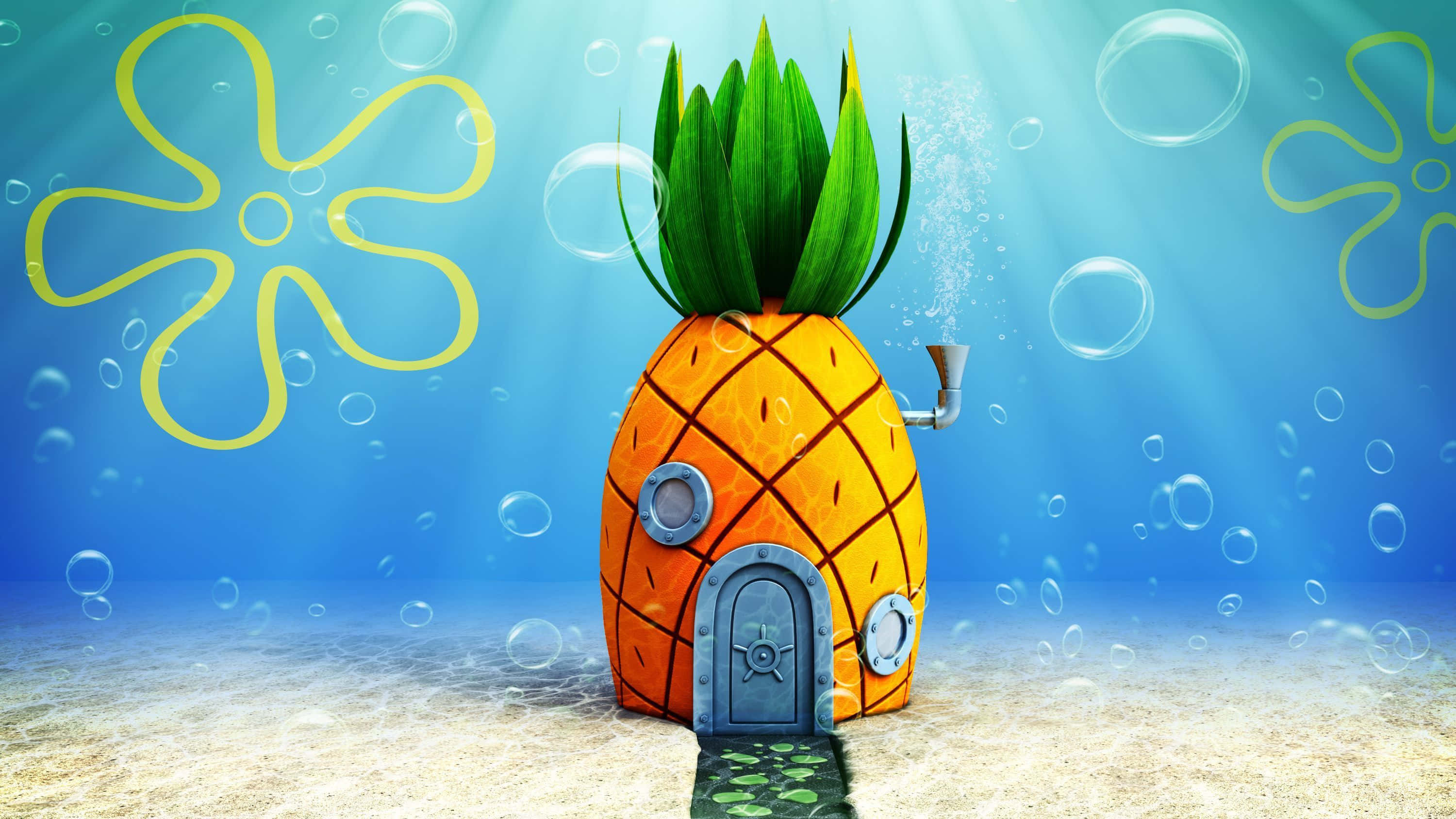 Spongebob Zoom 桌布 壁紙 — 一個卡通鳳梨屋，有綠色葉子和藍色門，坐在沙質海底，有氣泡和黃色花朵輪廓在藍色水中。