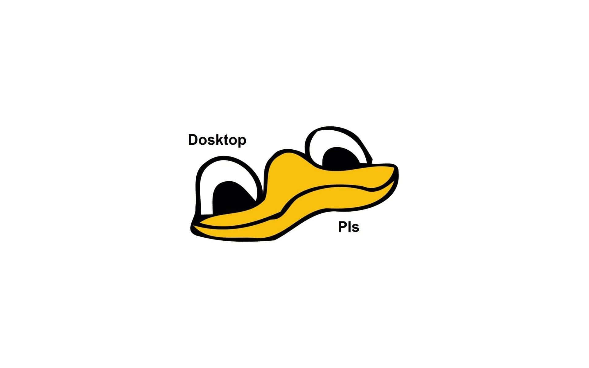動物 桌布 壁紙 — 一個卡通鴨頭，有大眼睛，在純白色背景上寫有「Dosktop Pls」文字。