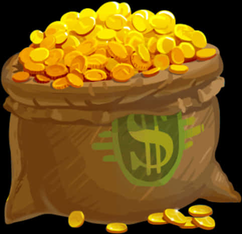 Money Bag 桌布 壁紙 — 一個卡通麻袋，裝滿閃閃發光的金幣和美元符號標誌。