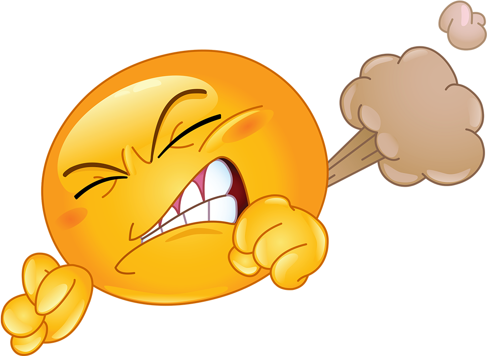 Fart 桌布 壁紙 — 一個卡通黃色表情符號臉孔，握緊拳頭尖叫，嘴裡噴出蒸汽雲。