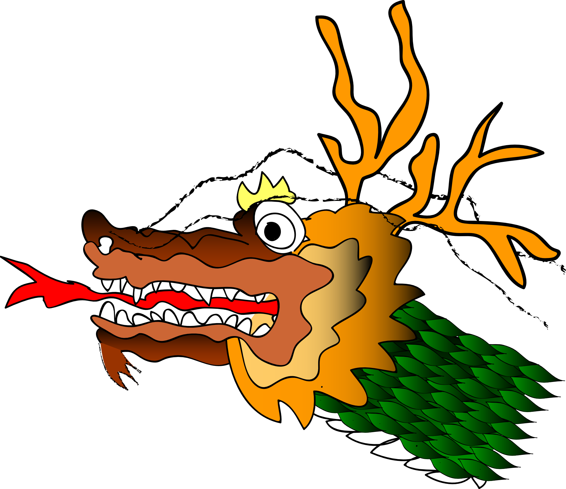 Dragon Head 桌布 壁紙 — 一個卡通龍頭，有橙色鹿角、綠色鱗片和紅色舌頭，在白色背景上露出鋒利的牙齒。