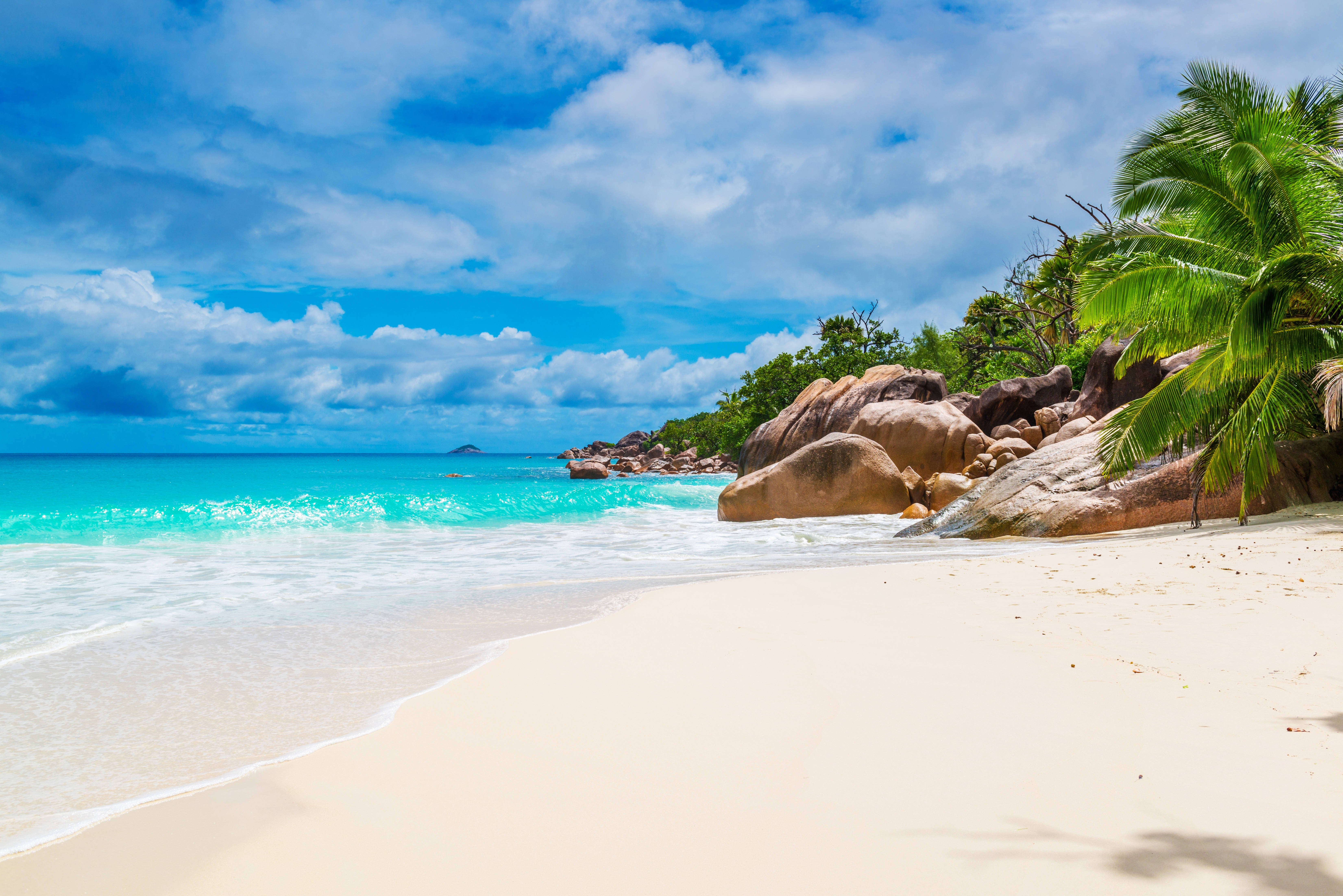 Seychelles 桌布 壁紙 — 一個原始熱帶海灘，碧綠的海浪拍打著白色沙灘，旁邊有巨大的岩石和茂密的棕櫚樹，在明亮的藍天下。